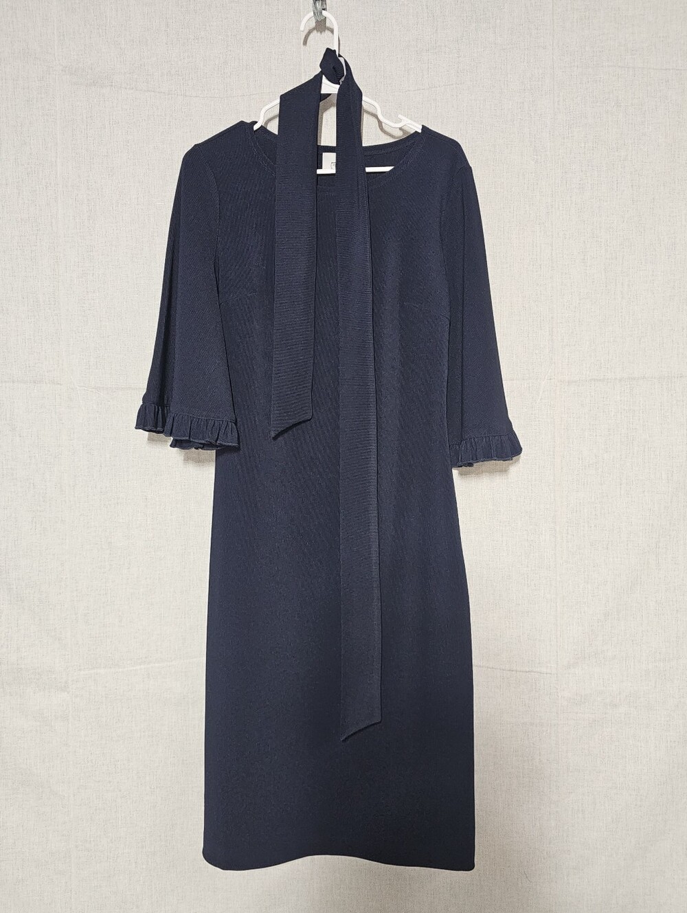 Dainty Jewells Navy Tie-Neck Midi Dress with Ruffle Sleeves